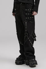 Cracked Leather Stitching Metal Rivet Decoration Mesh Men's Steampunk Pants 2 Colors - Product - 2
