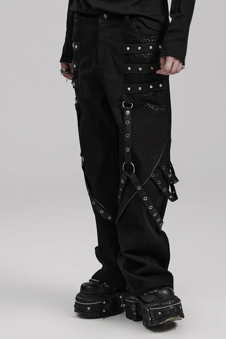 Cracked Leather Stitching Metal Rivet Decoration Mesh Men's Steampunk Pants 2 Colors - Product - 2