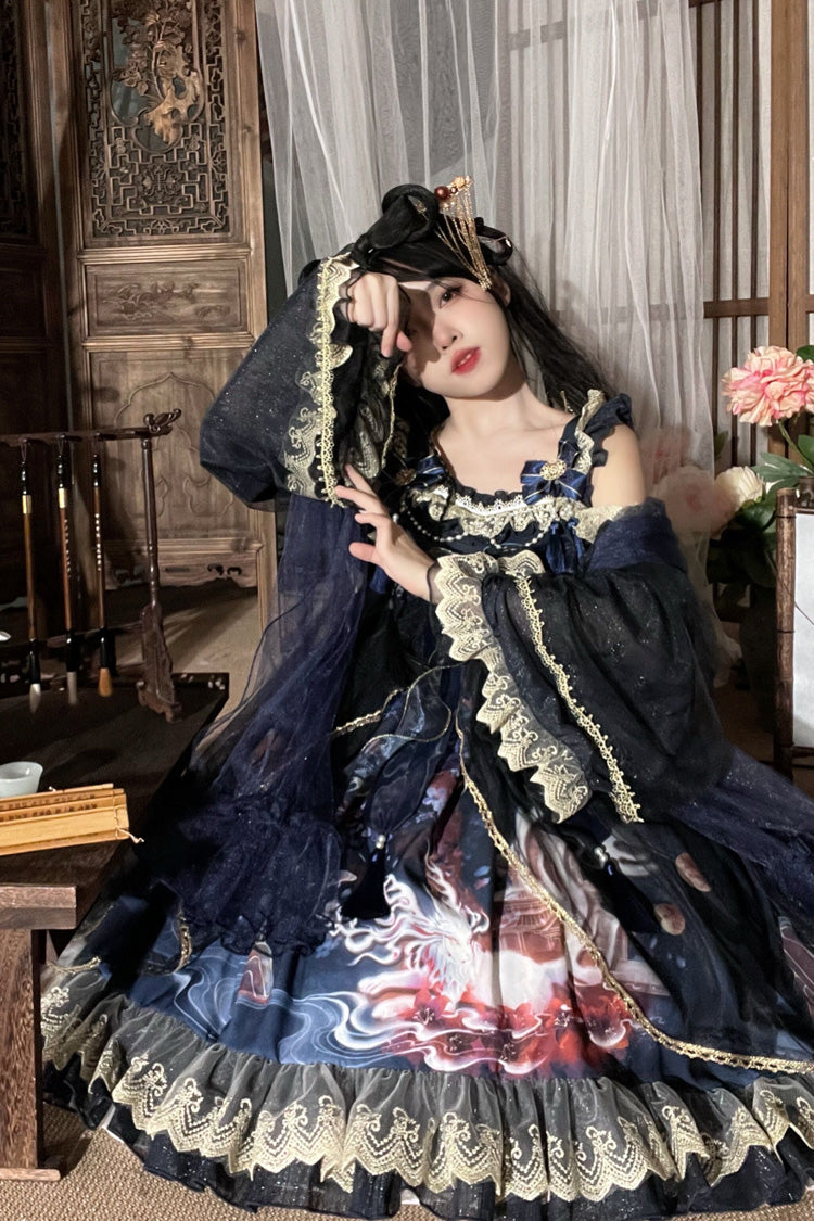 [Nine-tailed fox] Print Ruffle Bowknot Classic Chinese Style Princess Lolita Jsk Dress 2 Colors - Product - 7