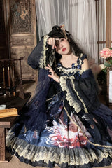 [Nine-tailed fox] Print Ruffle Bowknot Classic Chinese Style Princess Lolita Jsk Dress 2 Colors - Product - 7