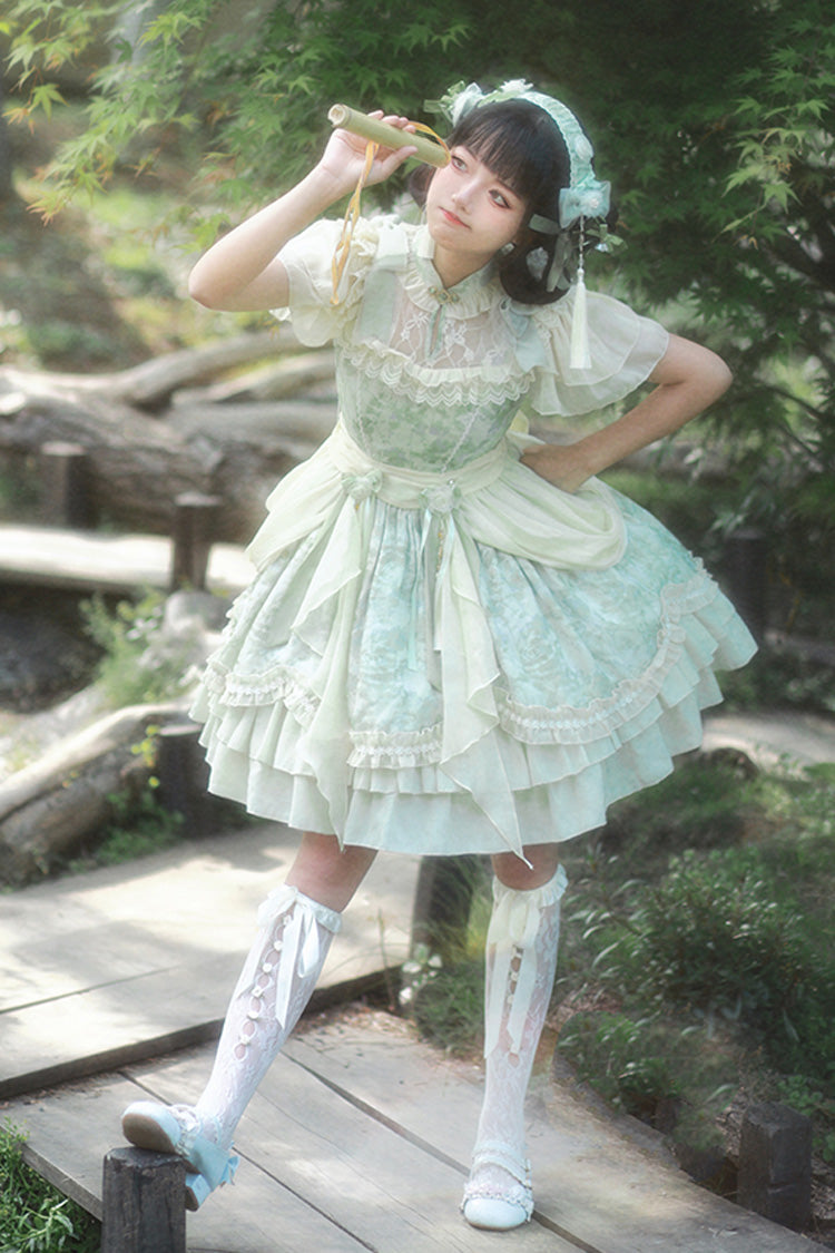 Green Pepper Chiffon Double-Layered Ruffle Bowknot Lace Sweet Chinese Style Lolita Dress - Product - 12