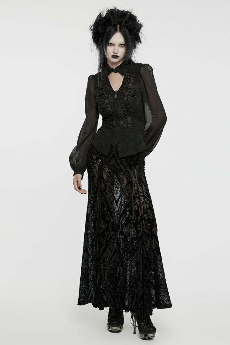 Black V Collar Long Puff Sleeves Embroidery Mesh Women's Gothic Blouse - Product - 4