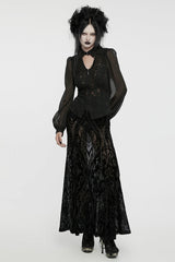 Black V Collar Long Puff Sleeves Embroidery Mesh Women's Gothic Blouse - Product - 4
