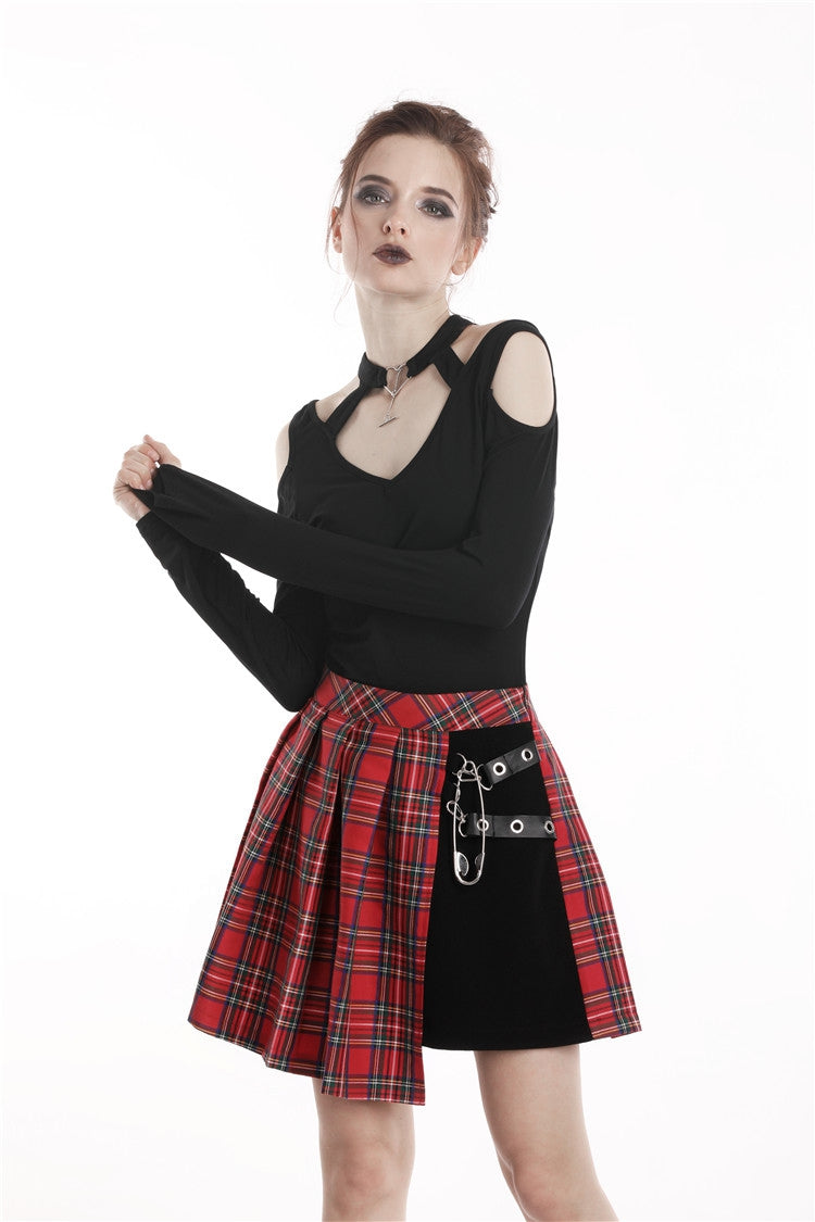 Red Irregular Plaid Pleated Women's Punk Hem Skirt - Product - 6