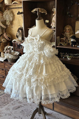 White [Spring Cherry Snowfall] Off Shoulder Short Sleeves Multi-Layered Ruffled Bow Sweet Lolita Jsk Dress - Product - 4