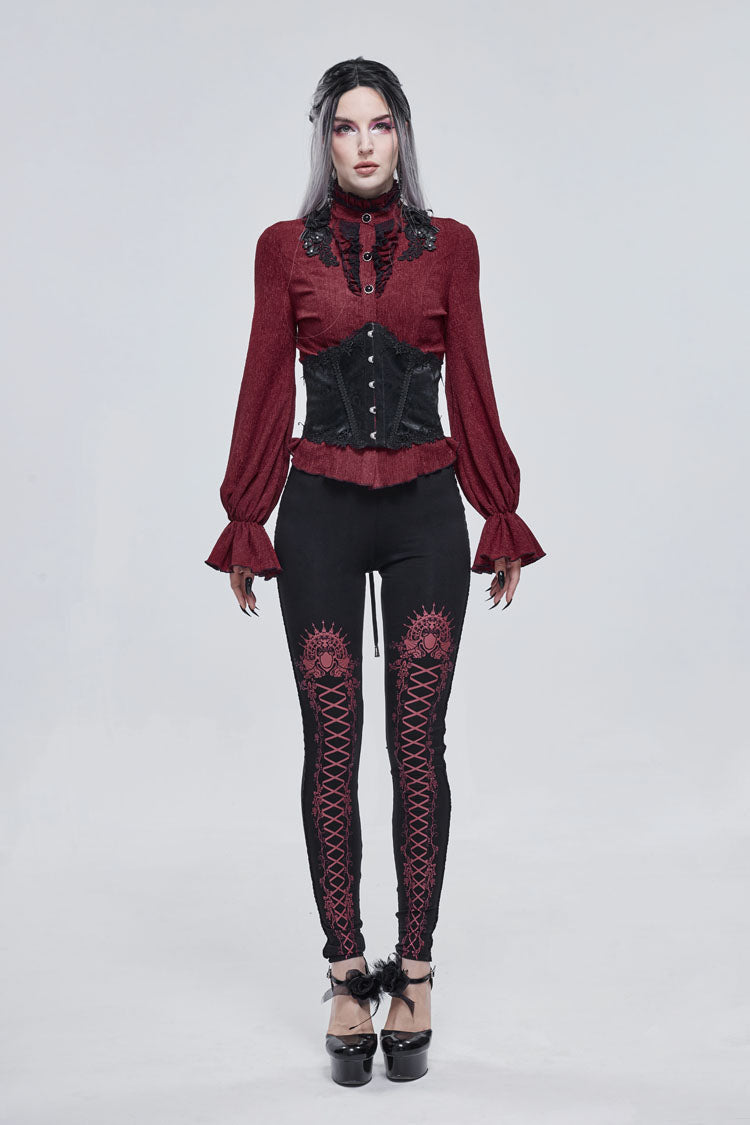 Black/Red Printed Decoration Tie Rope Elasticity Women's Gothic Leggings - Product - 4