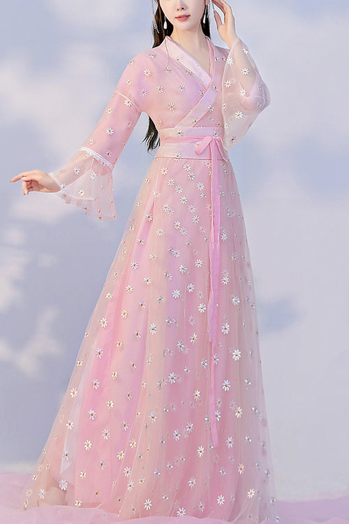 Pink Sunflower Embroidered Trumpet Sleeves Sweet Hanfu Dress - Pink - 1