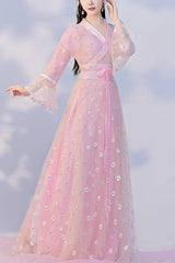 Pink Sunflower Embroidered Trumpet Sleeves Sweet Hanfu Dress - Pink - 1