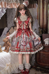 Red [Mystery Bunny] Sleeveless Jacquard Printed Ruffled Bow Lace Classic Lolita Jsk Dress Set - Product - 8
