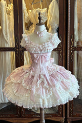 Pink [Floral Dream] Short Sleeves Multi-Layered Ruffle Embroidery Bowknot Lace-Up Sweet Elegant Ballet Lolita Jsk Dress - Pink - 1