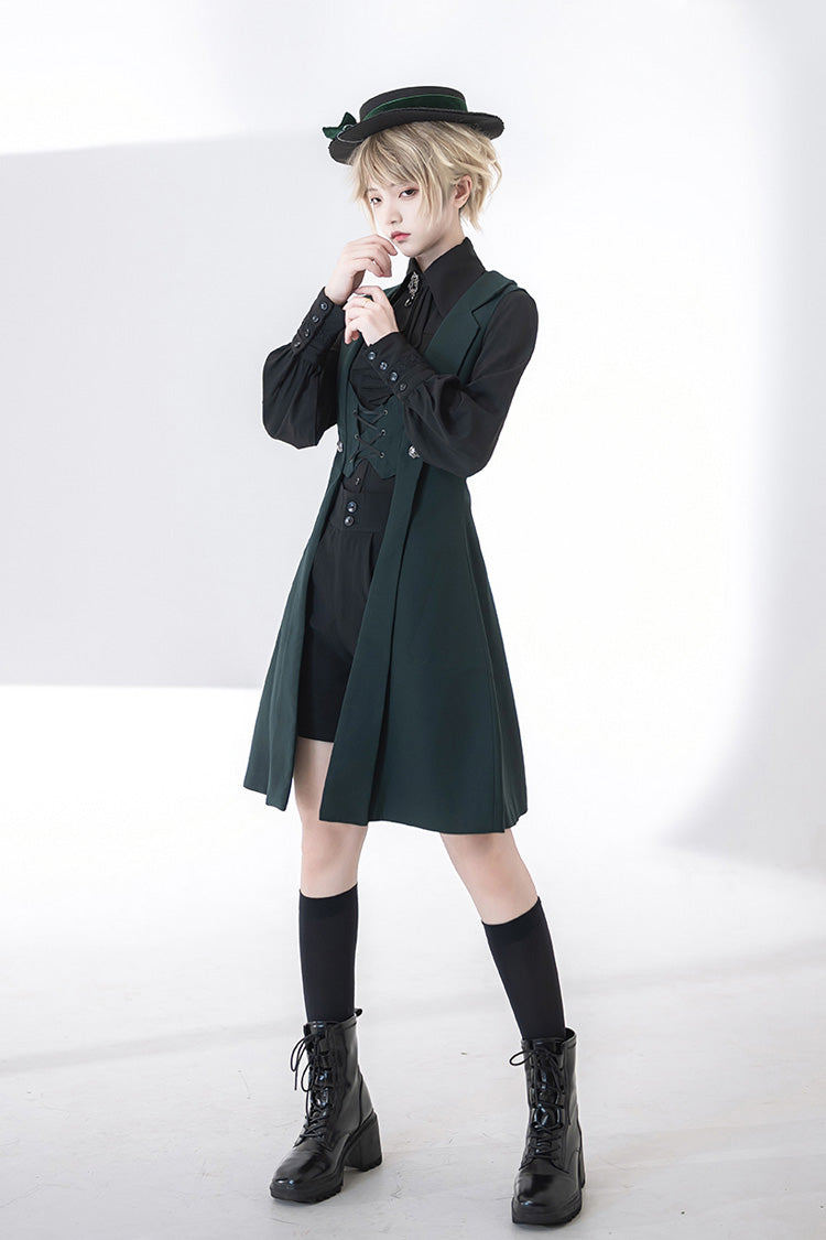 Green Lace-Up Slim Gothic Vintage Handsome Ouji Lolita Vest - Product - 7
