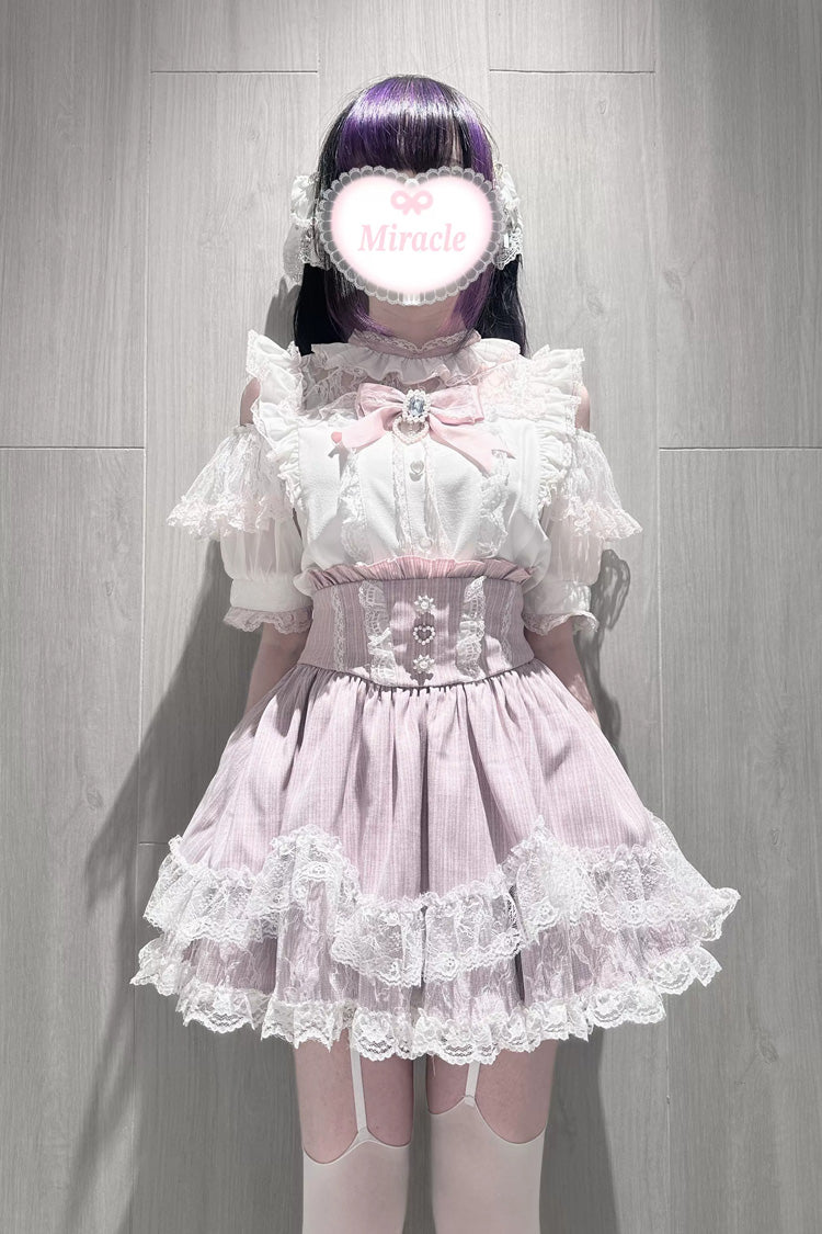 Jirai Kei Sweet Double-Layered Jacquard Ruffled Lace Japanese Skirt Set 2 Colors - Product - 6