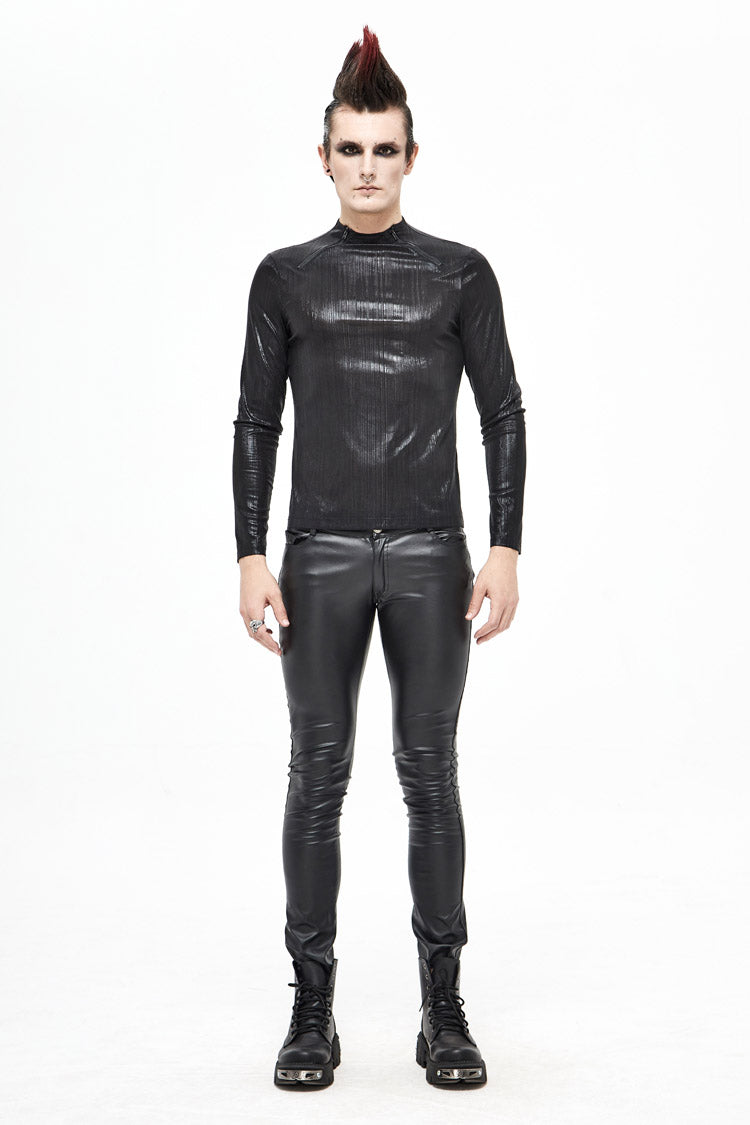 Black Zipper Neckline Long Sleeves Slim Mens Steampunk Top - Product - 2