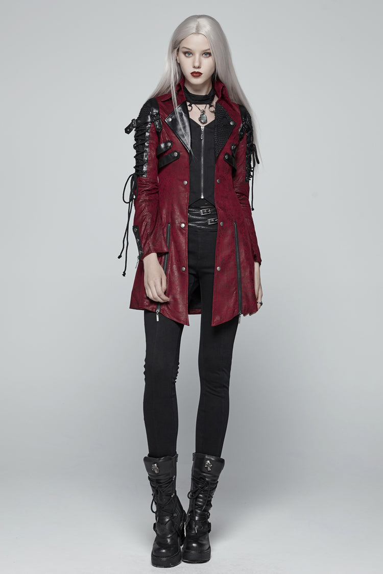 Red Metal Buckle Decoration Zipper Womens Steampunk Windbreaker Coat - Product - 5