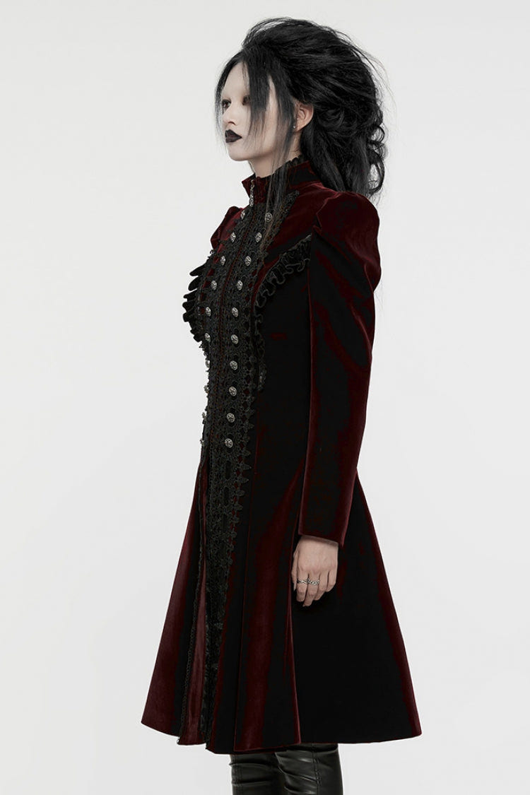 Black/Red Long Puff Sleeves Floral Embroidery Women's Gothic Coat - Product - 2