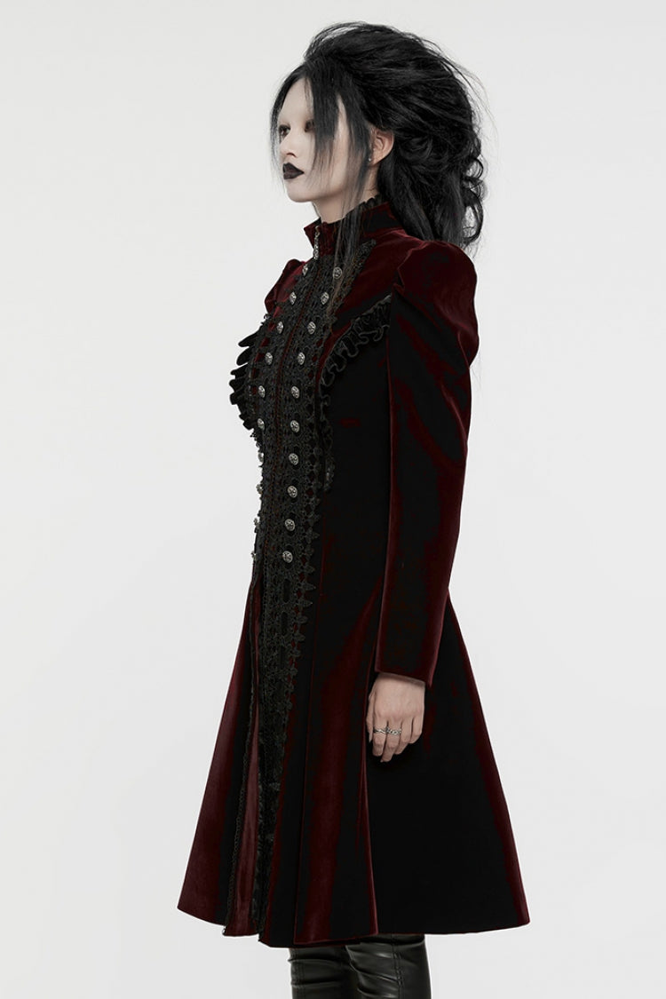 Black/Red Long Puff Sleeves Floral Embroidery Women's Gothic Coat - Product - 2