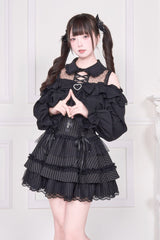 Jirai Kei Off Shoulder Long Sleeves Print Bowknot Lace-Up Sweet Japanese Blouse 3 Colors - Product - 10