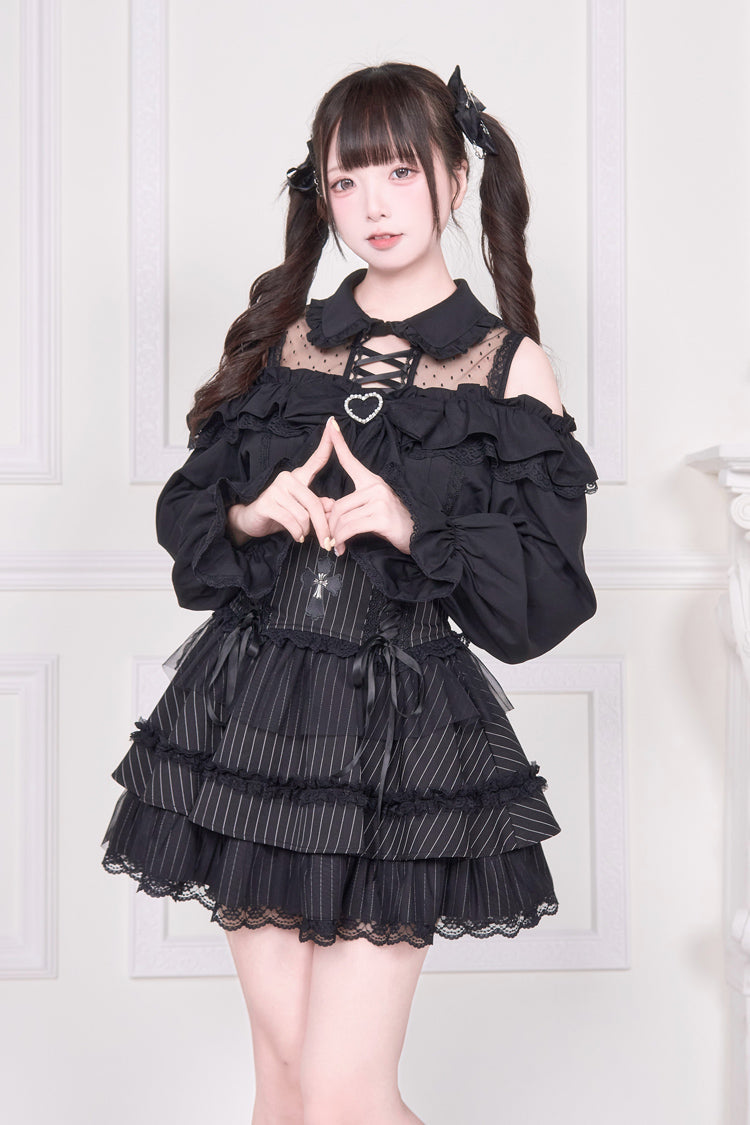 Jirai Kei Off Shoulder Long Sleeves Print Bowknot Lace-Up Sweet Japanese Blouse 3 Colors - Product - 10