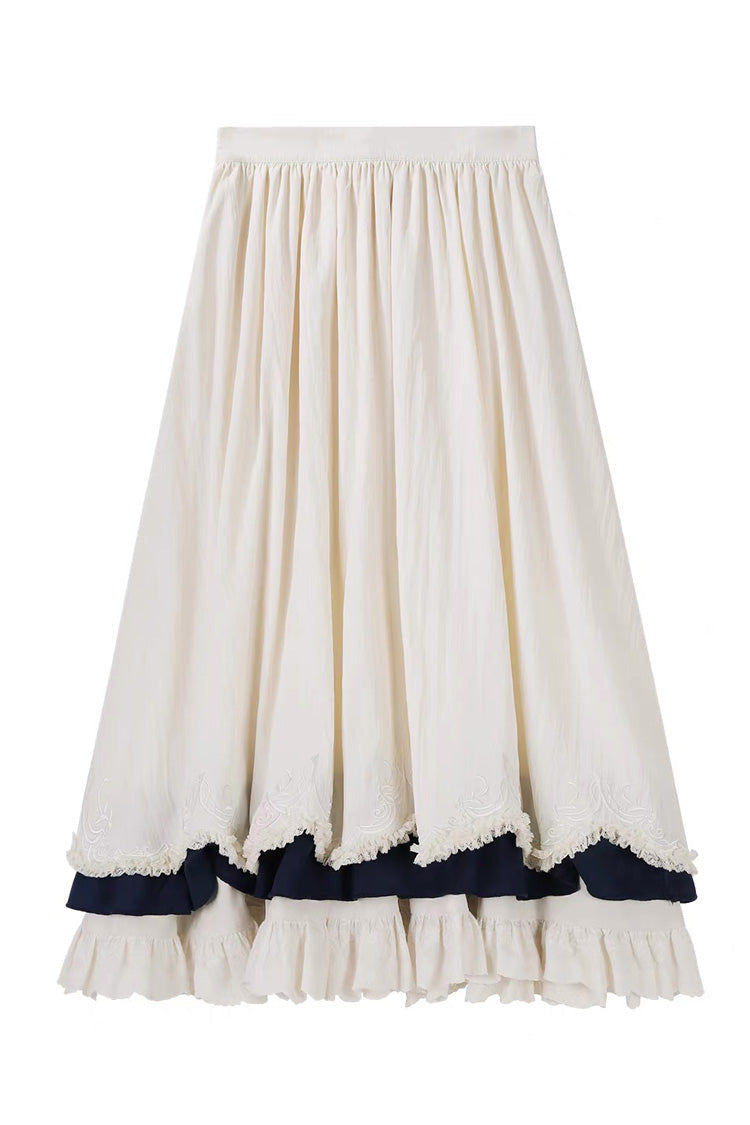 Beige [Morning Mist Coast] Stand Collar Long Sleeves Ruffle Embroidery Vintage Elegant Lolita Skirt Dress Set - Product - 8