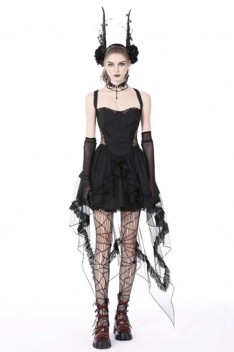 Black Sleeveless Lace-Up Layered Swallowtail Lace Women's Gothic Wedding Dress - Product - 5