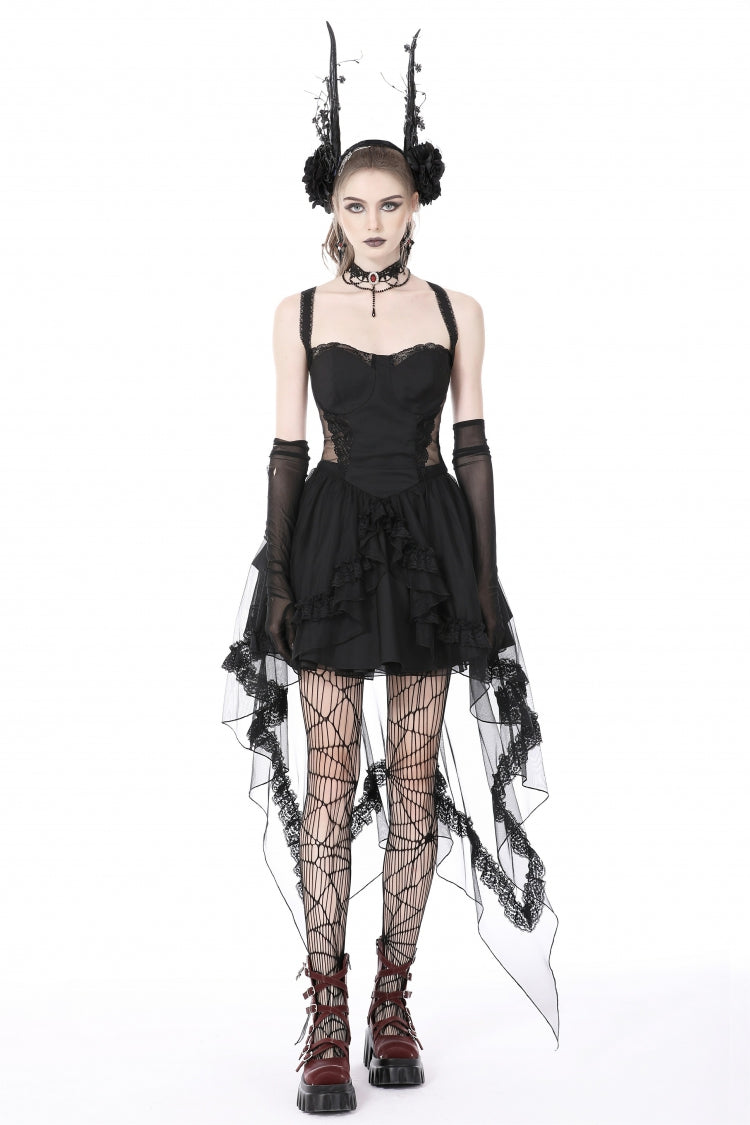 Black Sleeveless Lace-Up Layered Swallowtail Lace Women's Gothic Wedding Dress - Product - 5