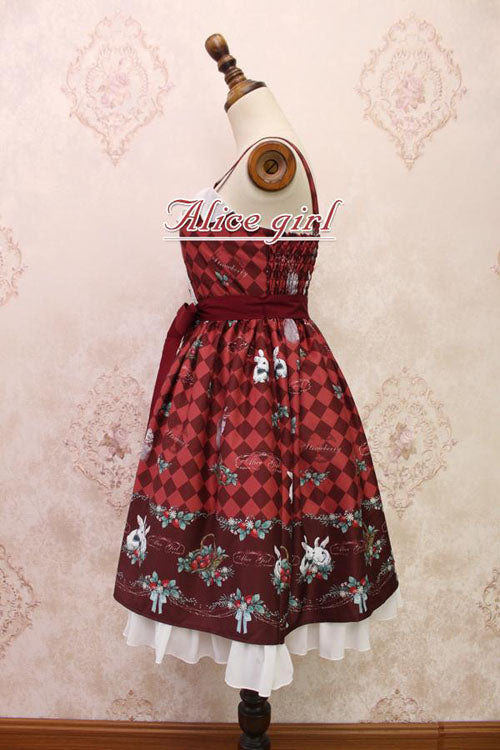 Strawberry Bunny Print Bowknot Ruffled Sweet Lolita JSK Dress 4 Colors - Product - 2