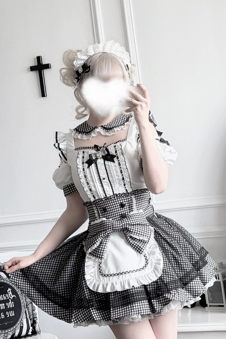 Jirai Kei Square Collar Off Shoulder Short Sleeves Printed Bow Sweet Maid Skirt Set 2 Colors - Product - 11