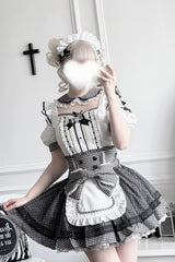 Jirai Kei Square Collar Off Shoulder Short Sleeves Printed Bow Sweet Maid Skirt Set 2 Colors - Product - 11