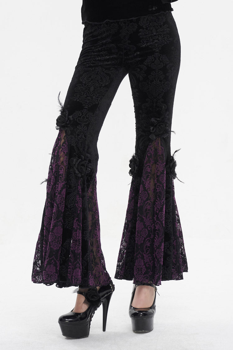 Black/Purple Printed Lace Embroidered Women's Gothic Flared Pants - Product - 5