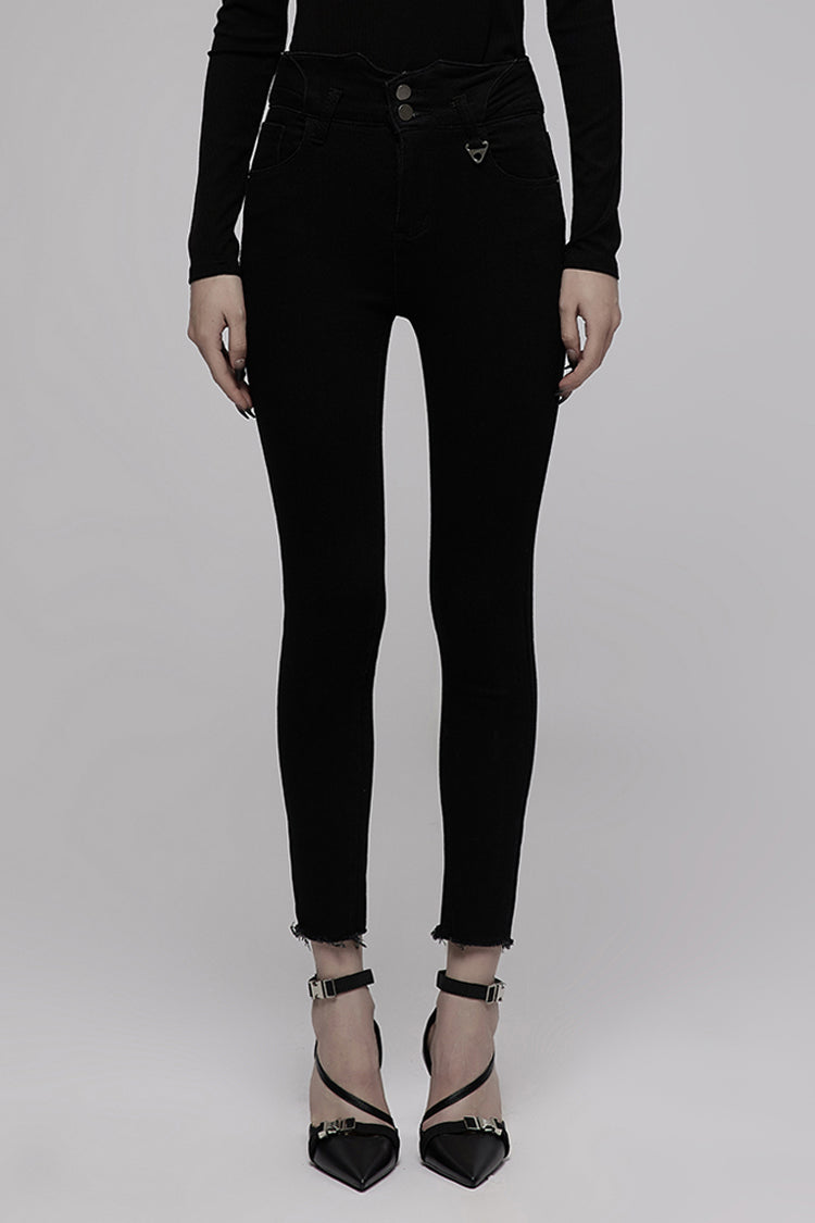 Black Triangular Metal Decorative Sheet Back Crossed Straps Tight Fit Punk Women's Denim Pants - Black - 1
