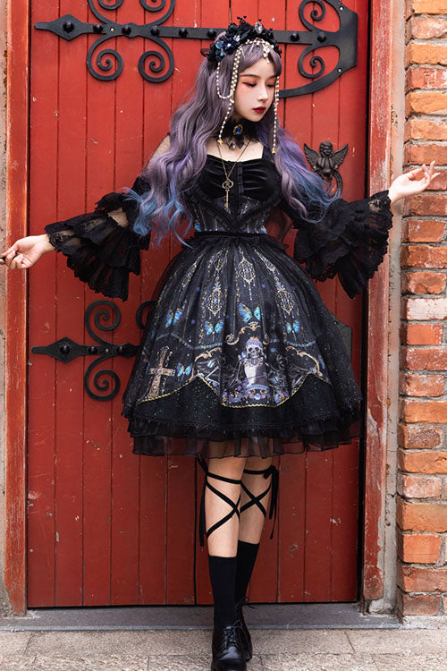 Black Square Collar Cemetery Butterfly Skull Print Lace Lantern Sleeves Multi-Layer Ruffled Gothic Lolita OP Dress - Product - 3