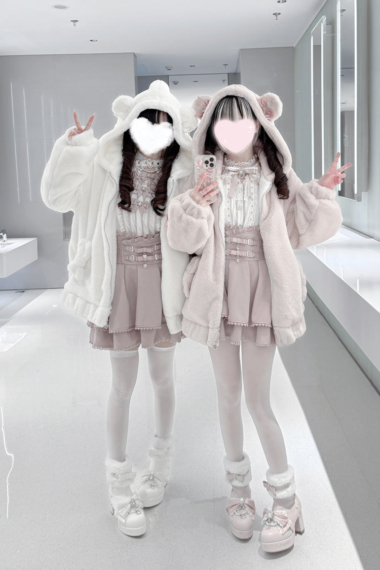 [Sleepy Bear Fluffy] Bear Ears Long Sleeves Bow Lace-Up Hooded Zippered Sweet Jirai Kei Japanese Coat - Product - 16