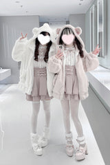 [Sleepy Bear Fluffy] Bear Ears Long Sleeves Bow Lace-Up Hooded Zippered Sweet Jirai Kei Japanese Coat - Product - 16
