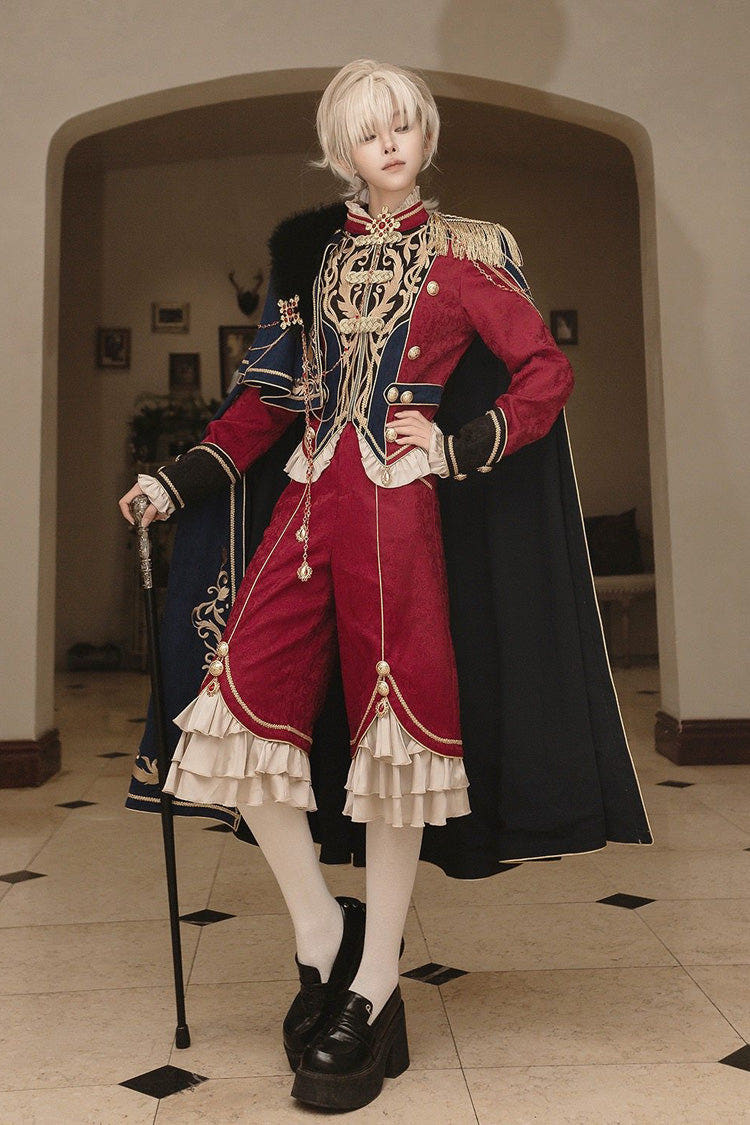 Red/Blue [Royal Glory] Stand Collar Long Sleeves Ruffled Embroidered Gothic Vintage Prince Palace Ouji Lolita Set - Red/Blue (Set) - 1