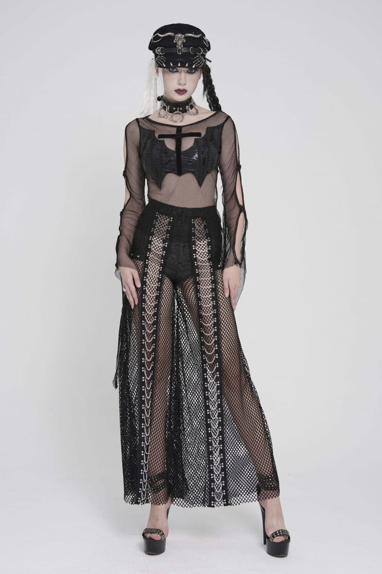 Black Spliced Mesh Studded Women's Punk Pants - Product - 5