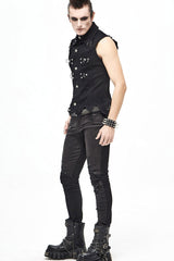 Black Worn Out Twill Mesh Decoration Rough Selvedge Hem Heavy Metal Men's Punk Waistcoat - Product - 10