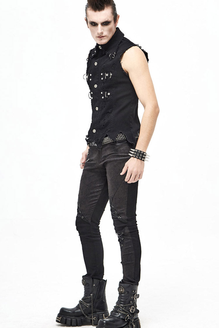 Black Worn Out Twill Mesh Decoration Rough Selvedge Hem Heavy Metal Men's Punk Waistcoat - Product - 10