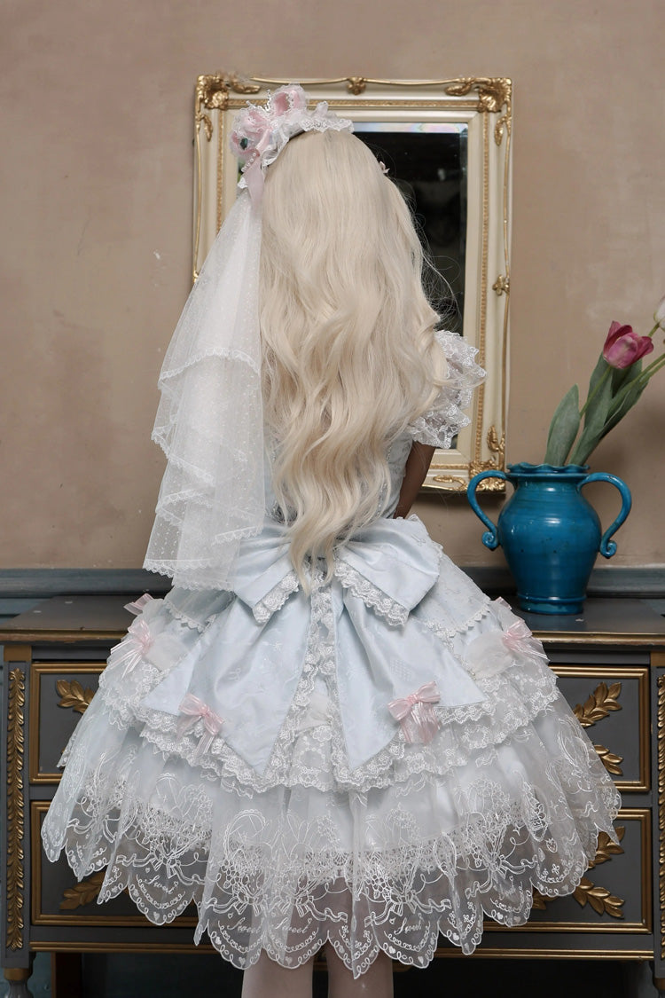 Blue [Bunny Dream Letter] Square Collar Flutter Sleeves Jacquard Ruffled Bow Lace Sweet Princess Balletcore Lolita Jsk Dress - Product - 5