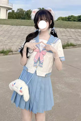 White/Blue Ruffle Bowknot Sweet Japanese School Sailor Skirt Set - White/Blue - 1