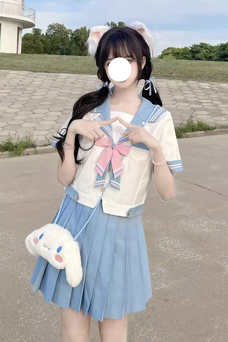 White/Blue Ruffle Bowknot Sweet Japanese School Sailor Skirt Set - White/Blue - 1
