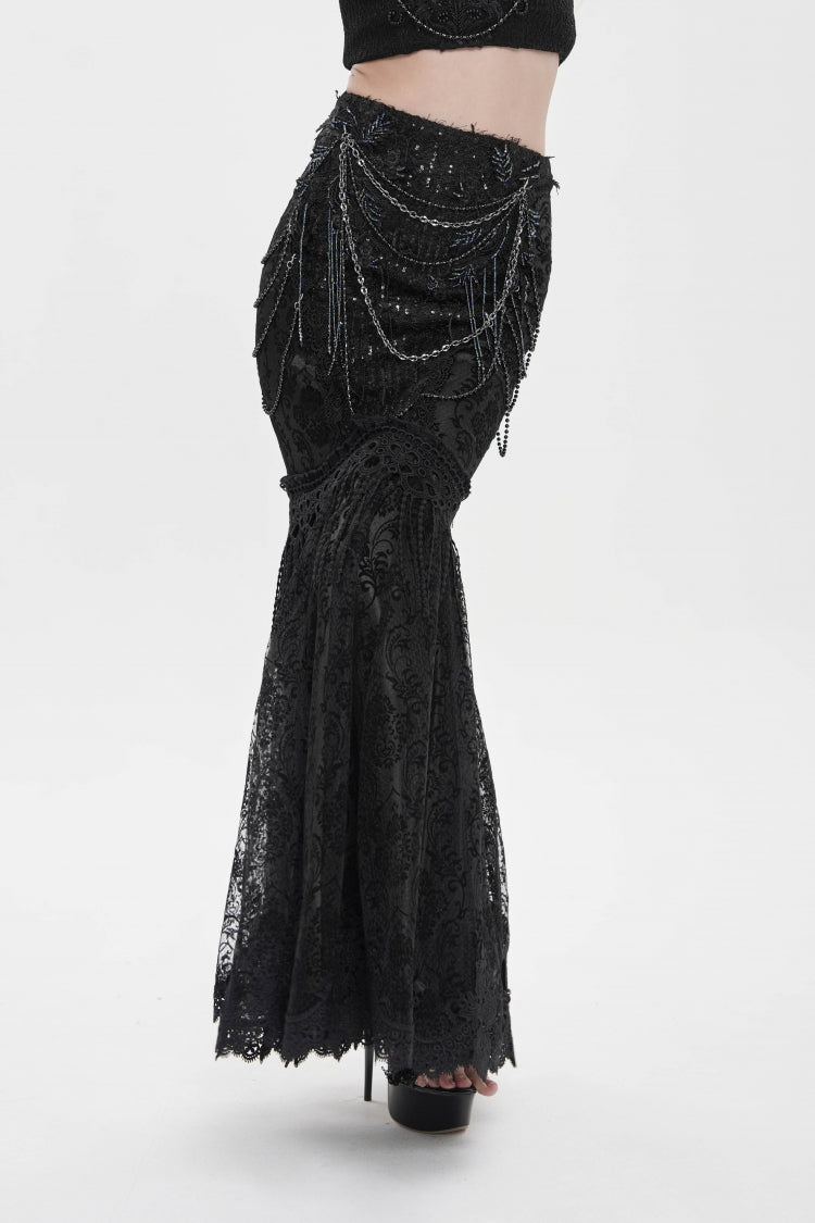 Black Double-Layered Embroidered Lace Slim Pearl-Decorated Women's Gothic Skirt - Product - 11