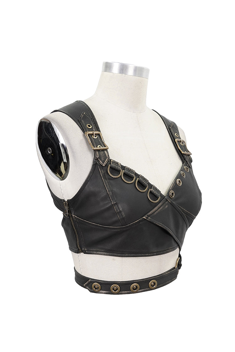 Brown Vintage Hand Wiped Leather Shoulder Loop Backless Lace Up Short Women's Punk Waistcoat - Product - 7