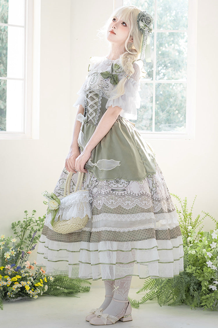 Green [Teacup Rabbit] Multi-Layered Print Ruffle Embroidery Bowknot Lace Asymmetric Sweet Elegant Lolita Jsk Dress - Product - 15