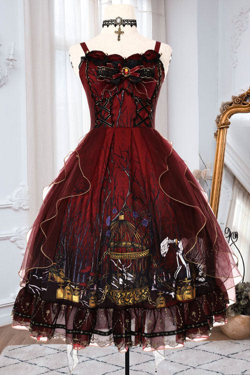 Red Decaying Forest Round Collar Bowknot Ruffled Classic Lolita JSK Dress - Red - 1