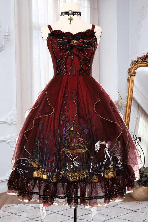 Red Decaying Forest Round Collar Bowknot Ruffled Classic Lolita JSK Dress - Red - 1