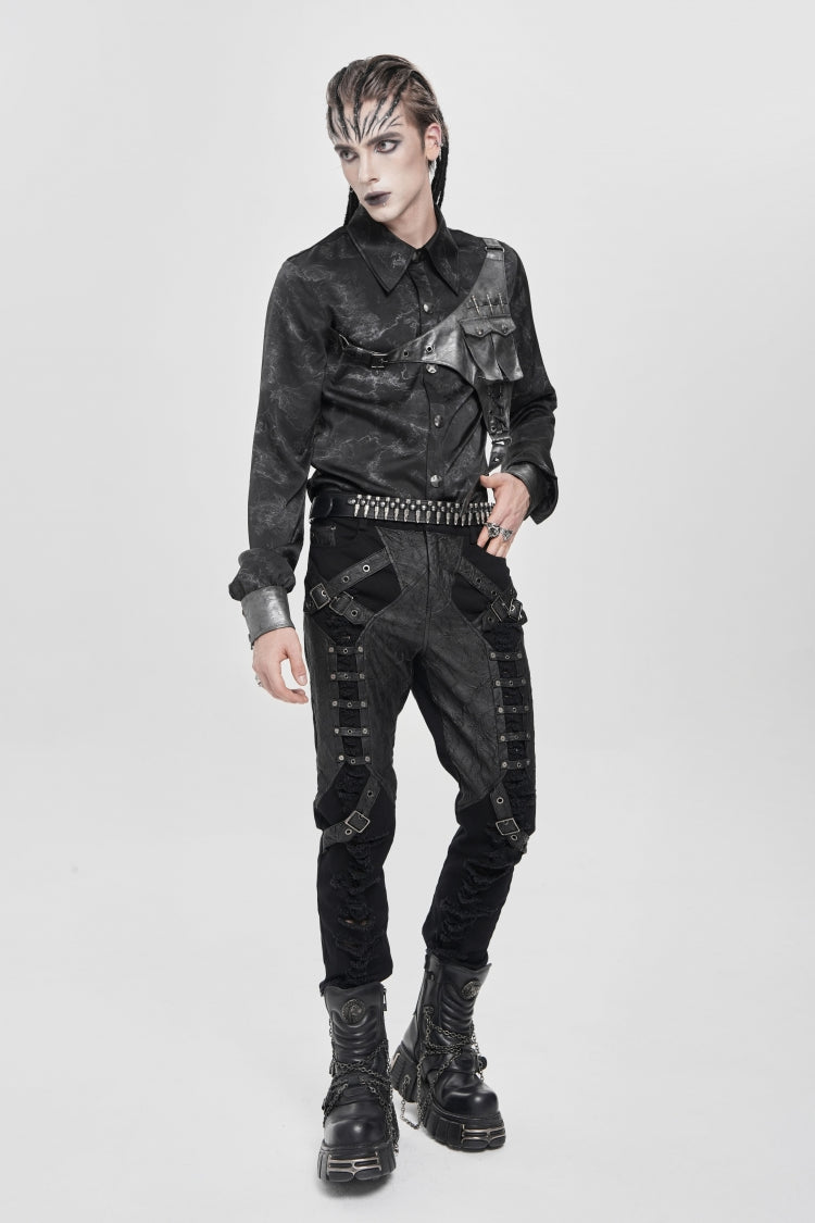 Black Long Sleeves Print Stitching Asymmetric Bullet Men's Punk Blouse - Product - 13
