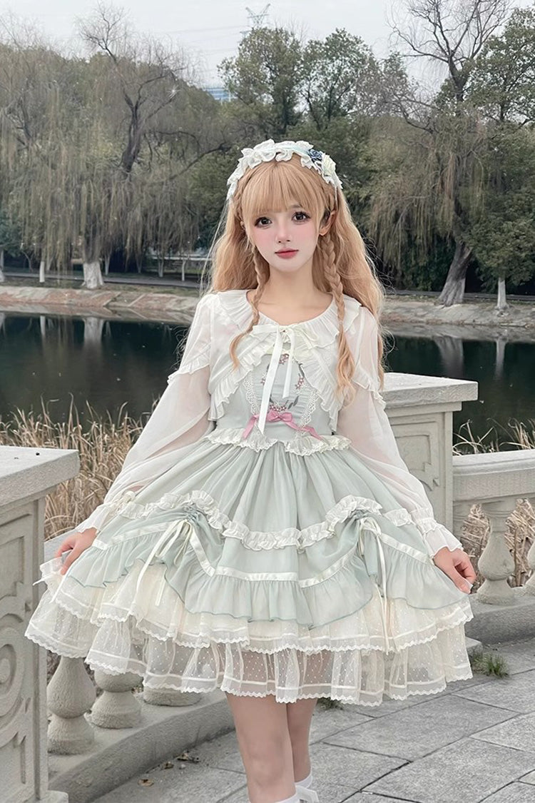 Green Floating Light Dance Multi-layer Ruffle Embroidery Bowknot Lace Sweet Lolita Jsk Dress - Green - 1