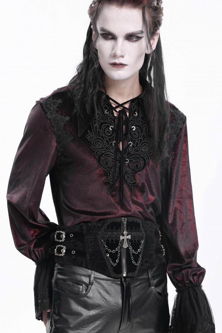 Black Lace-Up Slim Buckled Pearl-Decorated Men's Gothic Palace Accessory Cross Chain Girdle - Black - 1