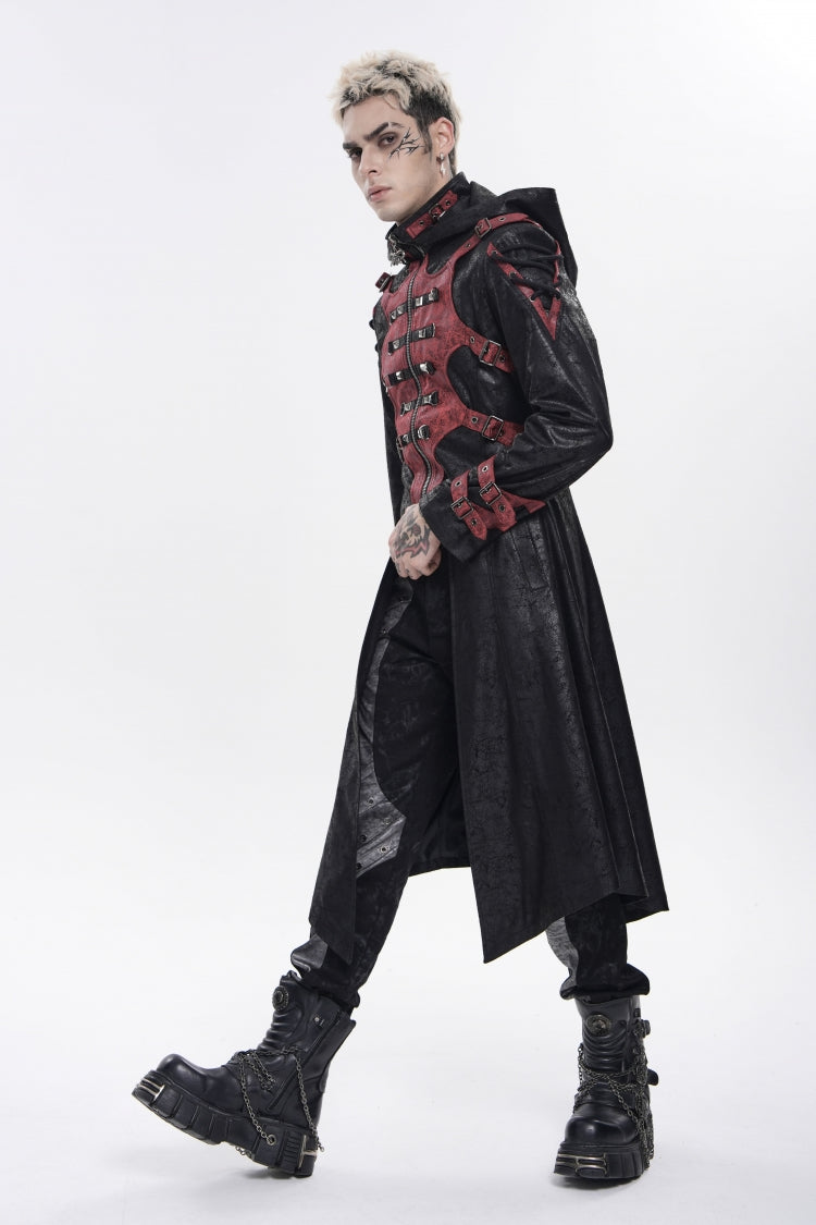 Black Stand Collar Long Sleeves Printed Spliced Studded Buckled Zippered Eyelet Men's Punk Cool Hooded Jacket - Product - 8