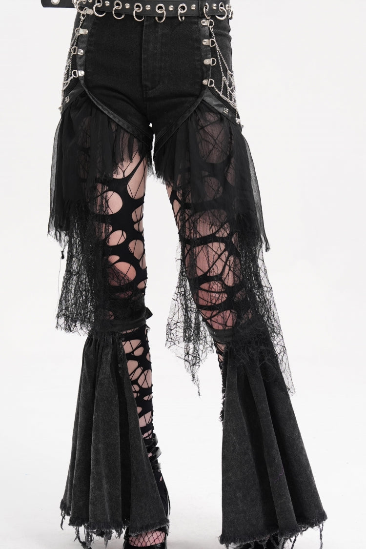 Black Chain Irregular Mesh Ripped Hem Women's Gothic Shorts - Product - 9